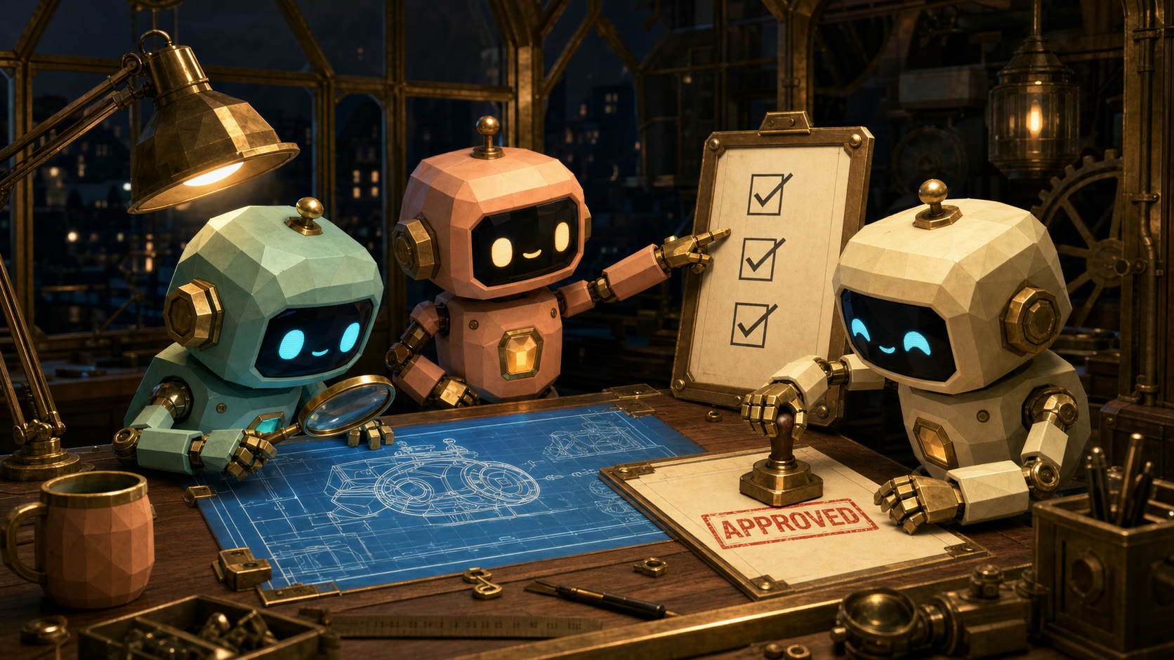 Robots collaborating over blueprints in a brass workshop, one stamping a document APPROVED