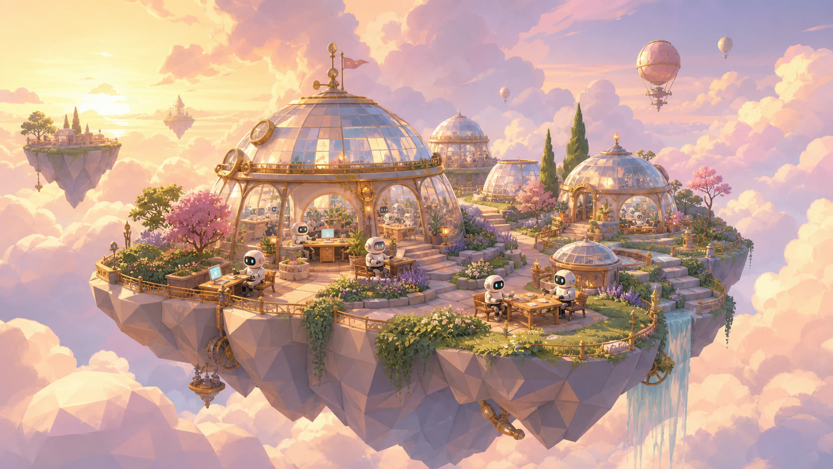 Illustrated vision of the ClawHQ sky campus — glass domes, gardens, and robot workers on a floating island